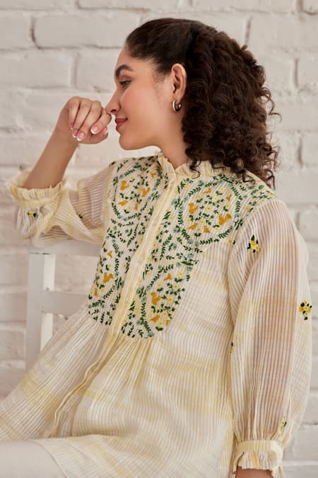 Shop_Khamaj India_Yellow Chanderi, Cotton Embroidery Bay Top With Pant _Online_at_Aza_Fashions