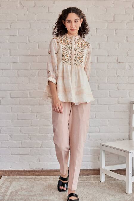 Khamaj India_Pink Chanderi, Cotton Embroidery Bay Hand Top With Pant _Online_at_Aza_Fashions