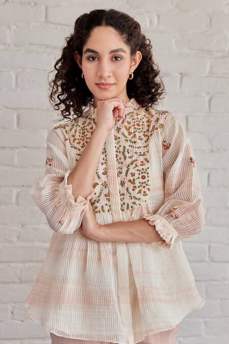 Buy_Khamaj India_Pink Chanderi, Cotton Embroidery Bay Hand Top With Pant _Online_at_Aza_Fashions