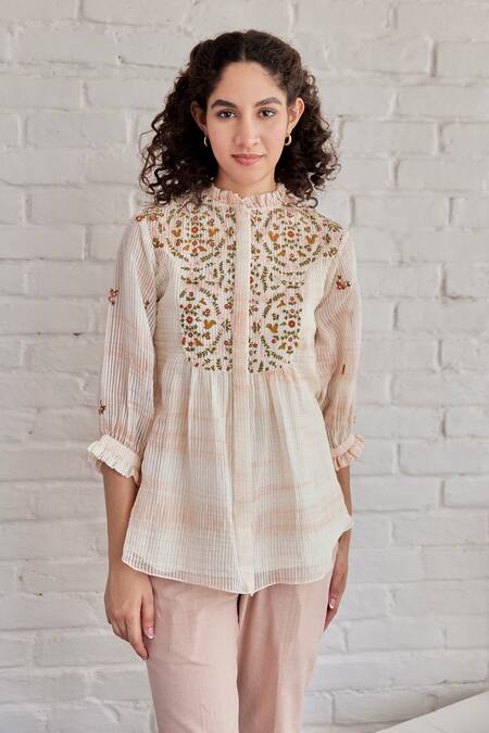 Shop_Khamaj India_Pink Chanderi, Cotton Embroidery Bay Hand Top With Pant _Online_at_Aza_Fashions