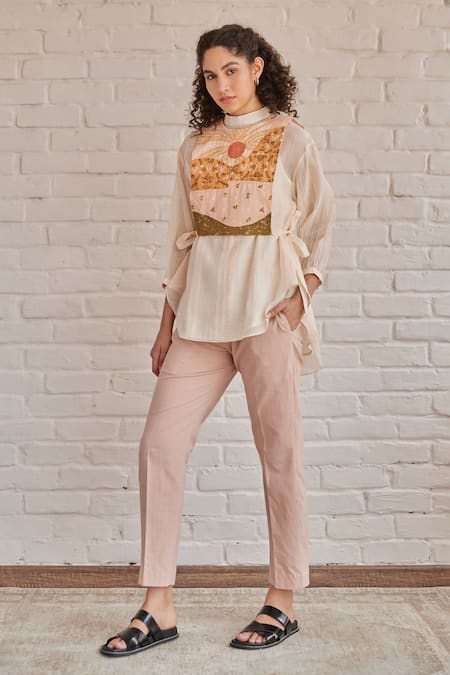 Khamaj India_Pink Chanderi, Cotton Embroidery High , Round Grace Hand Bib Pant Set _Online_at_Aza_Fashions