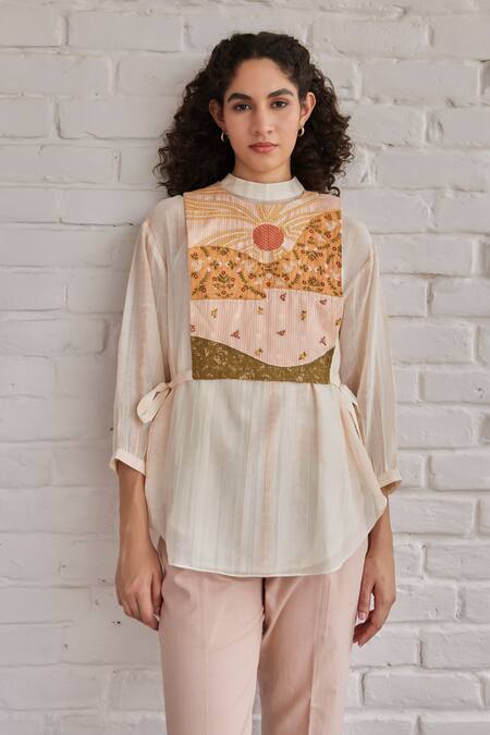 Buy_Khamaj India_Pink Chanderi, Cotton Embroidery High , Round Grace Hand Bib Pant Set _Online_at_Aza_Fashions