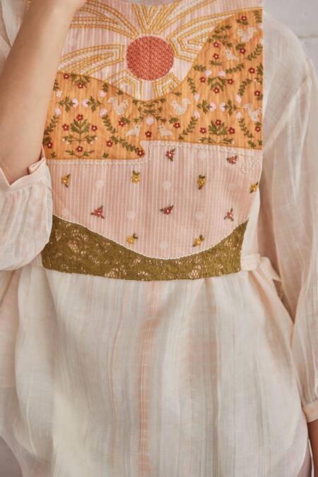 Shop_Khamaj India_Pink Chanderi, Cotton Embroidery High , Round Grace Hand Bib Pant Set _Online_at_Aza_Fashions