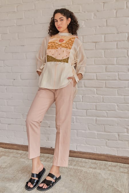 Khamaj India_Pink Chanderi, Cotton Embroidery High , Round Grace Hand Bib Pant Set _at_Aza_Fashions