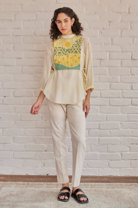 Khamaj India_Yellow Chanderi, Cotton Embroidery High Neck Grace Bib Pant Set _Online_at_Aza_Fashions