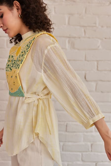 Buy_Khamaj India_Yellow Chanderi, Cotton Embroidery High Neck Grace Bib Pant Set _Online_at_Aza_Fashions