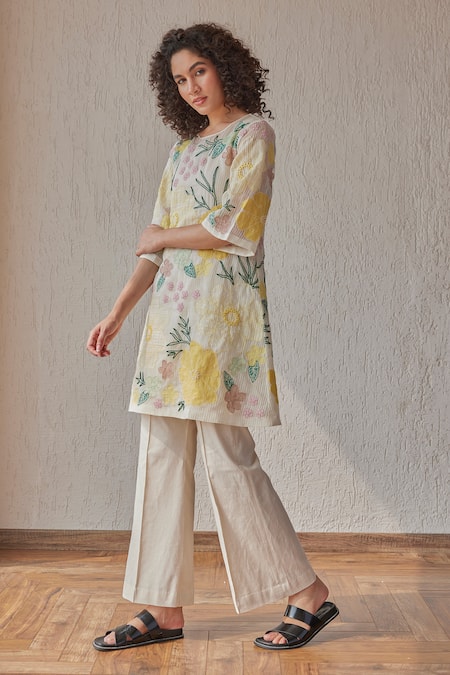 Khamaj India_White Chanderi, , Handloom Embroidery, Merlin Kurta With Pant _Online_at_Aza_Fashions