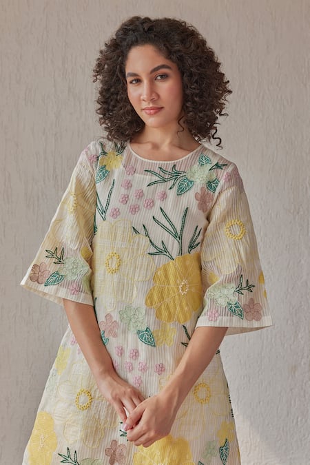 Buy_Khamaj India_White Chanderi, , Handloom Embroidery, Merlin Kurta With Pant _Online_at_Aza_Fashions