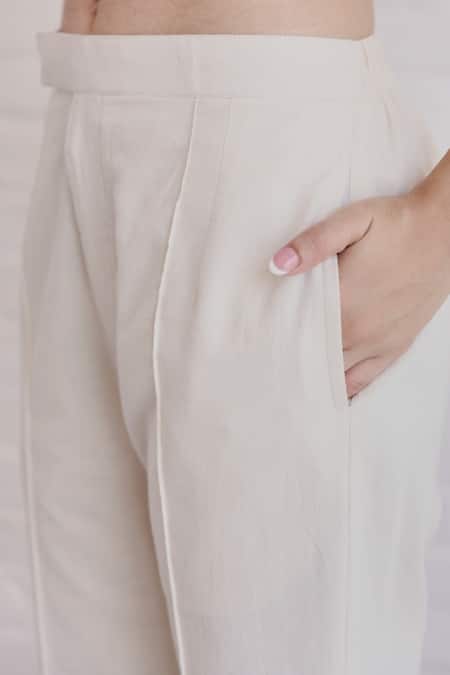 Khamaj India_White Chanderi, , Handloom Embroidery, Merlin Kurta With Pant _at_Aza_Fashions