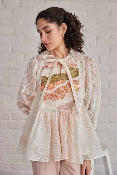 Khamaj India Pink Chanderi, Cotton Embroidery Open Neck Sky Yoke Top With Pant Online at Aza Fashions Khamaj India_Pink Chanderi, Cotton Embroidery Open Neck Sky Yoke Top With Pant _Online_at_Aza_Fashions