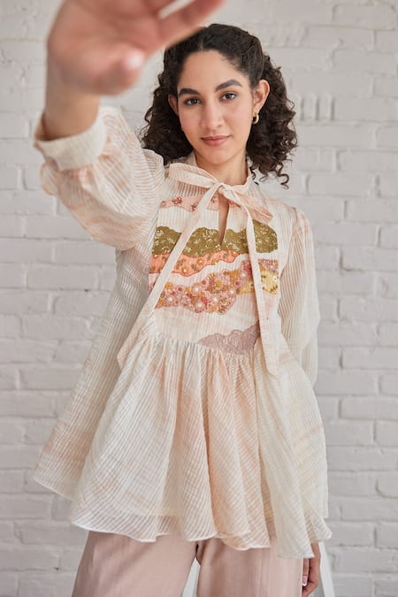 Buy Khamaj India Pink Chanderi, Cotton Embroidery Open Neck Sky Yoke Top With Pant Online at Aza Fashions Buy_Khamaj India_Pink Chanderi, Cotton Embroidery Open Neck Sky Yoke Top With Pant _Online_at_Aza_Fashions