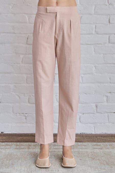 Shop Khamaj India Pink Chanderi, Cotton Embroidery Open Neck Sky Yoke Top With Pant Online at Aza Fashions Shop_Khamaj India_Pink Chanderi, Cotton Embroidery Open Neck Sky Yoke Top With Pant _Online_at_Aza_Fashions