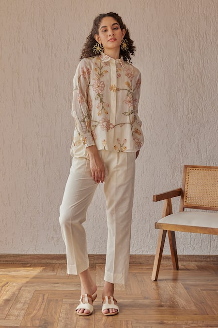 Khamaj India_White Chanderi, Cotton Embroidery Collared Tess Hand Shirt With Pant _Online_at_Aza_Fashions