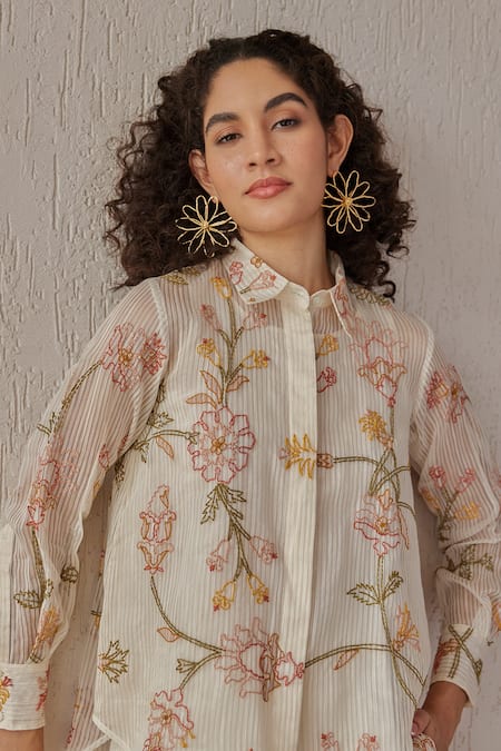 Buy_Khamaj India_White Chanderi, Cotton Embroidery Collared Tess Hand Shirt With Pant _Online_at_Aza_Fashions