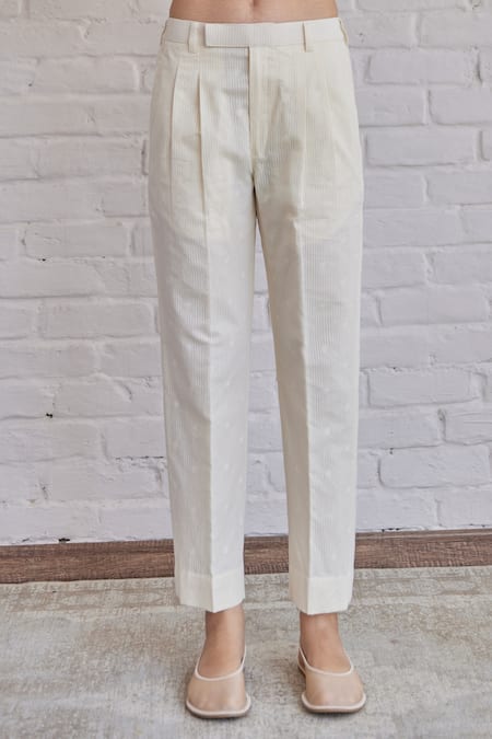 Khamaj India_White Chanderi, Cotton Embroidery Collared Tess Hand Shirt With Pant _at_Aza_Fashions