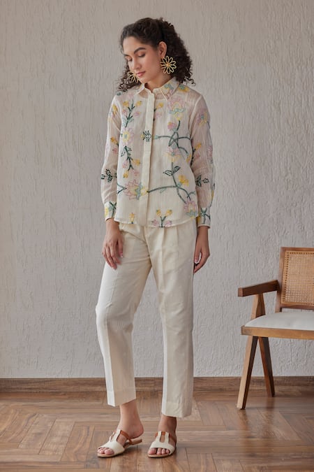 Khamaj India_White Chanderi, Cotton Embroidery Collared Tess Shirt With Pant _Online_at_Aza_Fashions