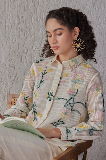 Buy_Khamaj India_White Chanderi, Cotton Embroidery Collared Tess Shirt With Pant _Online_at_Aza_Fashions