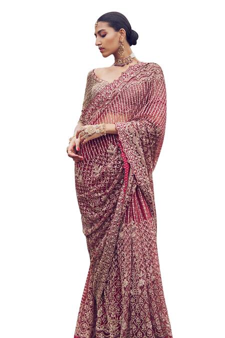 Nitika Gujral_Maroon Net Sequins, Diamonds V-neck Antique Kasab Embroidered Saree And Blouse Set _Online_at_Aza_Fashions