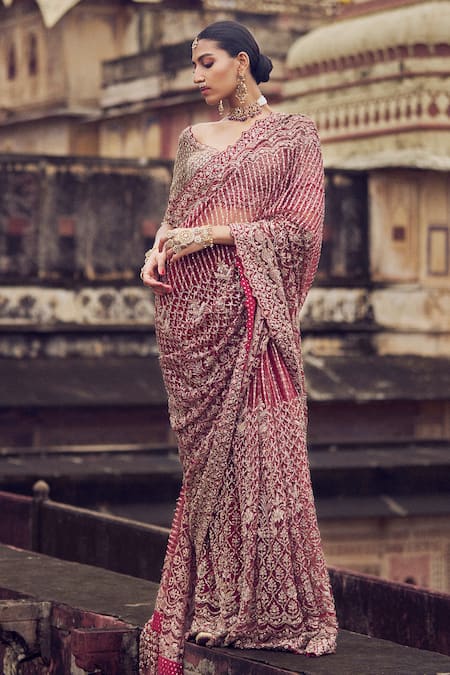 Buy_Nitika Gujral_Maroon Net Sequins, Diamonds V-neck Antique Kasab Embroidered Saree And Blouse Set _Online_at_Aza_Fashions