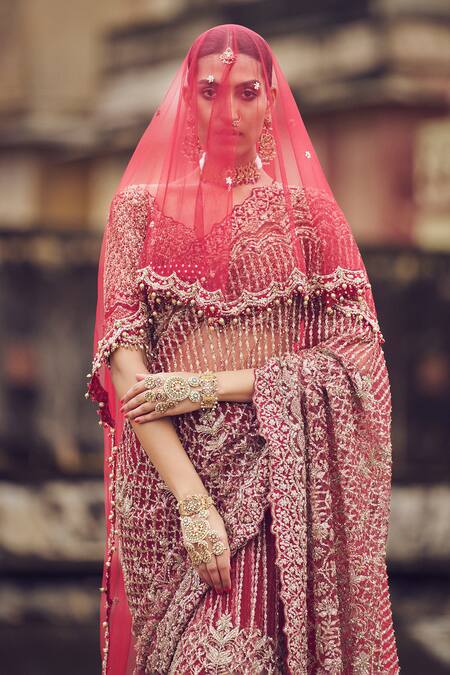 Shop_Nitika Gujral_Maroon Net Sequins, Diamonds V-neck Antique Kasab Embroidered Saree And Blouse Set _Online_at_Aza_Fashions