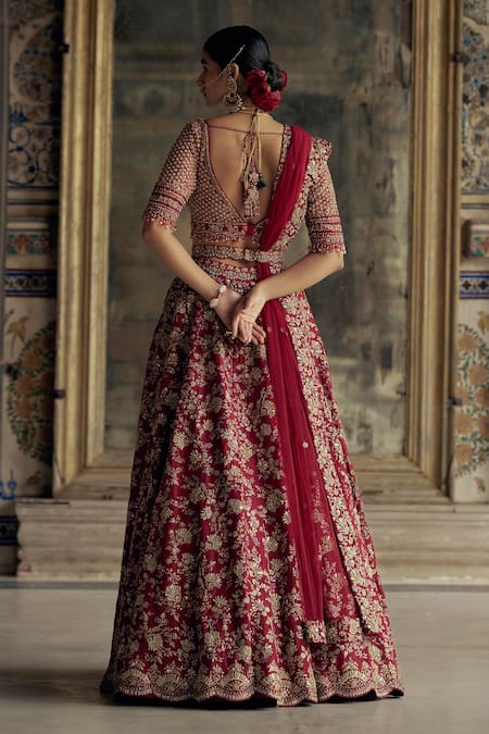 Shop Nitika Gujral Red Silk, Net Beads, Crystals, Floral Bloom Embroidered Bridal Lehenga Set at Aza Fashions Shop_Nitika Gujral_Red Silk, Net Beads, Crystals, Floral Bloom Embroidered Bridal Lehenga Set _at_Aza_Fashions
