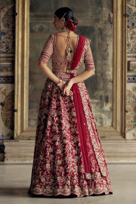 Shop Nitika Gujral Red Silk, Net Sequins, Beads, Diamonds, Embroidery Floral Bridal Lehenga Set at Aza Fashions Shop_Nitika Gujral_Red Silk, Net Sequins, Beads, Diamonds, Embroidery Floral Bridal Lehenga Set _at_Aza_Fashions