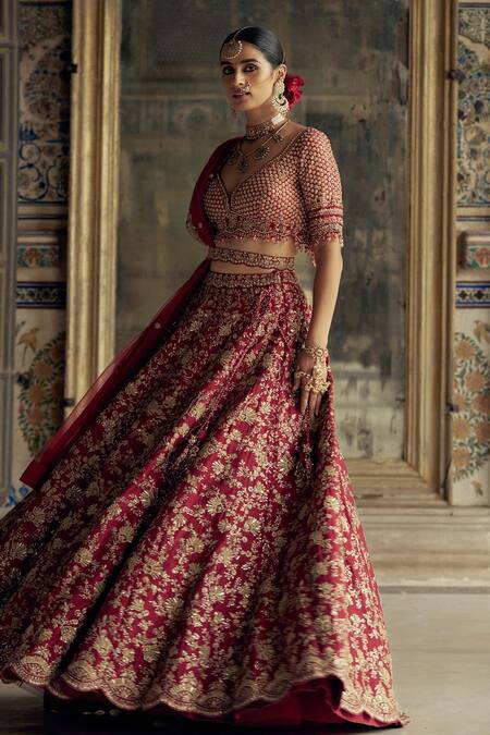 Nitika Gujral Red Silk, Net Sequins, Beads, Diamonds, Embroidery Floral Bridal Lehenga Set at Aza Fashions Nitika Gujral_Red Silk, Net Sequins, Beads, Diamonds, Embroidery Floral Bridal Lehenga Set _at_Aza_Fashions