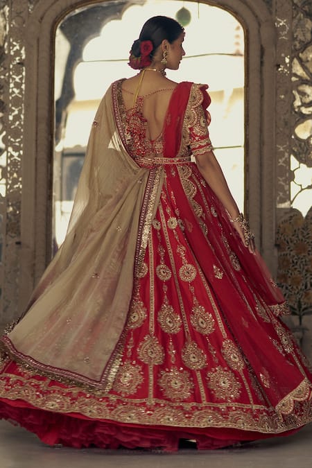 Shop_Nitika Gujral_Red Silk, Net, Tissue Crystals, Diamonds, Sequins, Dori Bridal Lehenga Set _at_Aza_Fashions