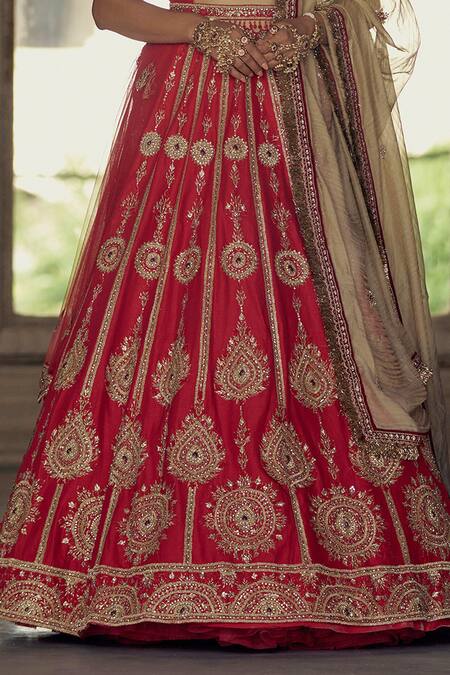 Nitika Gujral_Red Silk, Net, Tissue Crystals, Diamonds, Sequins, Dori Bridal Lehenga Set _Online_at_Aza_Fashions