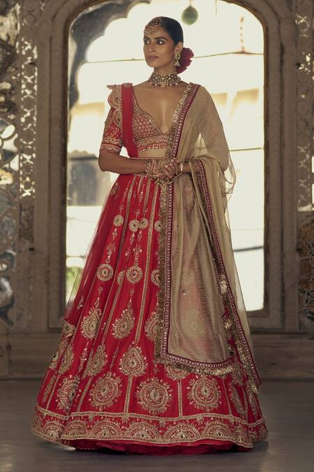 Buy_Nitika Gujral_Red Silk, Net, Tissue Crystals, Diamonds, Sequins, Dori Bridal Lehenga Set _Online_at_Aza_Fashions