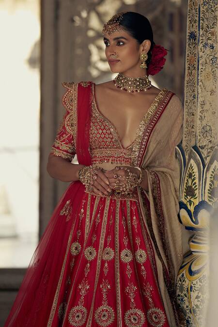 Shop_Nitika Gujral_Red Silk, Net, Tissue Crystals, Diamonds, Sequins, Dori Bridal Lehenga Set _Online_at_Aza_Fashions