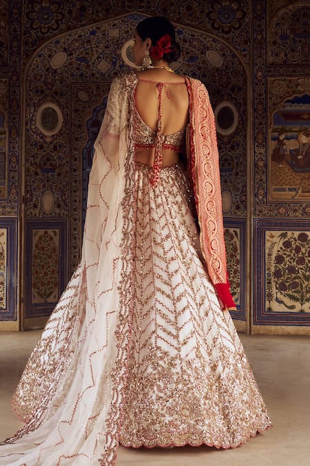 Shop Nitika Gujral Ivory Organza, Georgette Sequins, Beads, Embroidery Chevron Bridal Lehenga Set at Aza Fashions Shop_Nitika Gujral_Ivory Organza, Georgette Sequins, Beads, Embroidery Chevron Bridal Lehenga Set _at_Aza_Fashions