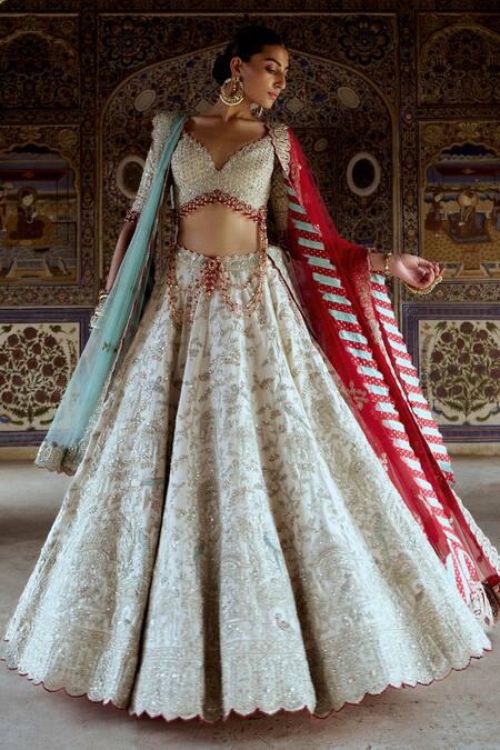 Buy_Nitika Gujral_Silver Net, Tissue Beads, Sequins, Embroidery Dori Bridal Lehenga Set _Online_at_Aza_Fashions