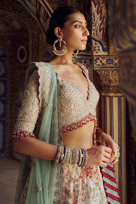 Shop_Nitika Gujral_Silver Net, Tissue Beads, Sequins, Embroidery Dori Bridal Lehenga Set _Online_at_Aza_Fashions