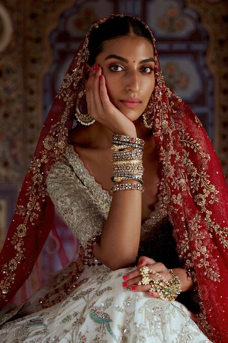 Nitika Gujral_Silver Net, Tissue Beads, Sequins, Embroidery Dori Bridal Lehenga Set _at_Aza_Fashions