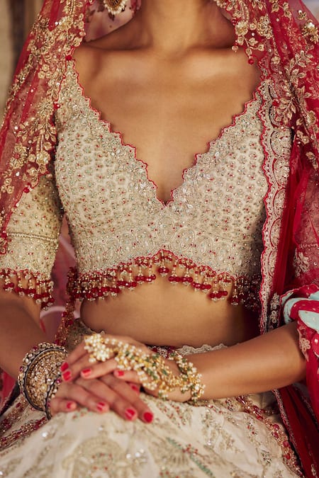 Buy_Nitika Gujral_Silver Net, Tissue Beads, Sequins, Embroidery Dori Bridal Lehenga Set 