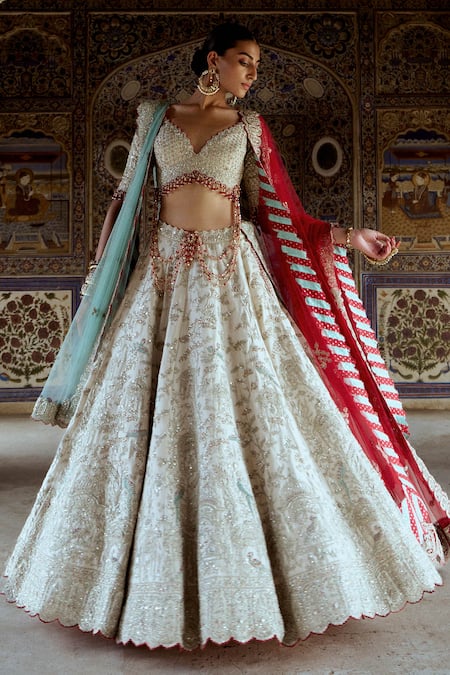 Nitika Gujral Silver Tissue Embroidery Dori Sweetheart Neck Bridal Lehenga Set 