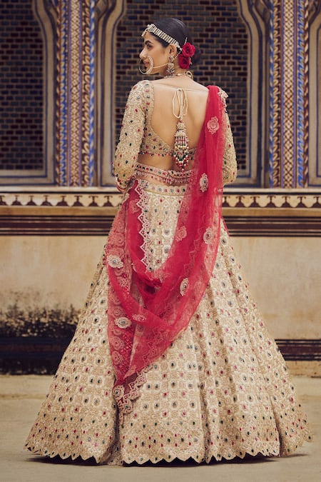 Shop Nitika Gujral Gold Net, Tissue Sequins, Stones, Beads Embroidered Bridal Lehenga Set at Aza Fashions Shop_Nitika Gujral_Gold Net, Tissue Sequins, Stones, Beads Embroidered Bridal Lehenga Set _at_Aza_Fashions