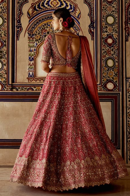 Shop Nitika Gujral Red Silk, Net, Tissue Beads, Crystals, Dabka Embroidered Bridal Lehenga Set at Aza Fashions Shop_Nitika Gujral_Red Silk, Net, Tissue Beads, Crystals, Dabka Embroidered Bridal Lehenga Set _at_Aza_Fashions