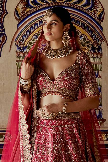 Buy Nitika Gujral Red Silk, Net, Tissue Beads, Crystals, Dabka Embroidered Bridal Lehenga Set Online at Aza Fashions Buy_Nitika Gujral_Red Silk, Net, Tissue Beads, Crystals, Dabka Embroidered Bridal Lehenga Set _Online_at_Aza_Fashions