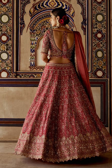 Shop Nitika Gujral Red Silk, Net, Tissue Crystals, Diamonds, Beads, Dabka Embroidered Lehenga Set at Aza Fashions Shop_Nitika Gujral_Red Silk, Net, Tissue Crystals, Diamonds, Beads, Dabka Embroidered Lehenga Set _at_Aza_Fashions