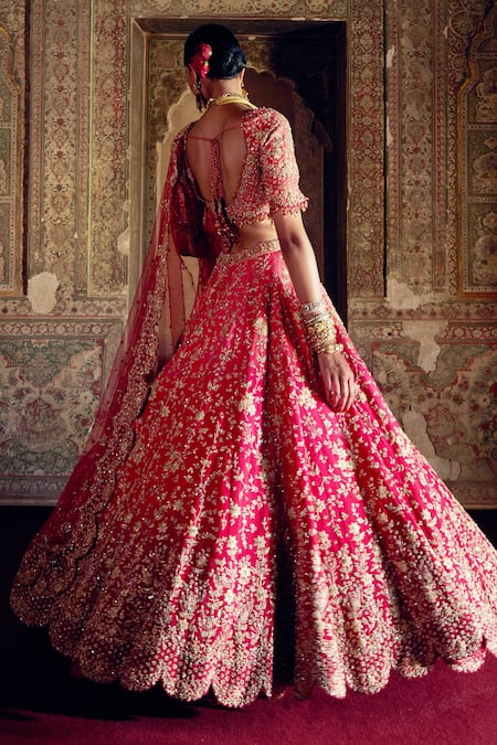 Shop_Nitika Gujral_Red Silk, Net Beads, Sequins, Floral Kasab Embroidered Ombre Bridal Lehenga Set _at_Aza_Fashions