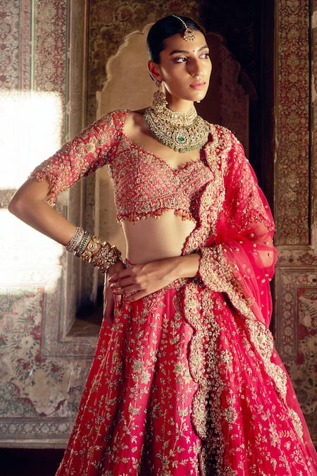 Nitika Gujral_Red Silk, Net Beads, Sequins, Floral Kasab Embroidered Ombre Bridal Lehenga Set _Online_at_Aza_Fashions