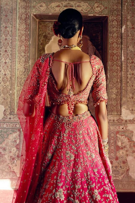 Buy_Nitika Gujral_Red Silk, Net Beads, Sequins, Floral Kasab Embroidered Ombre Bridal Lehenga Set _Online_at_Aza_Fashions