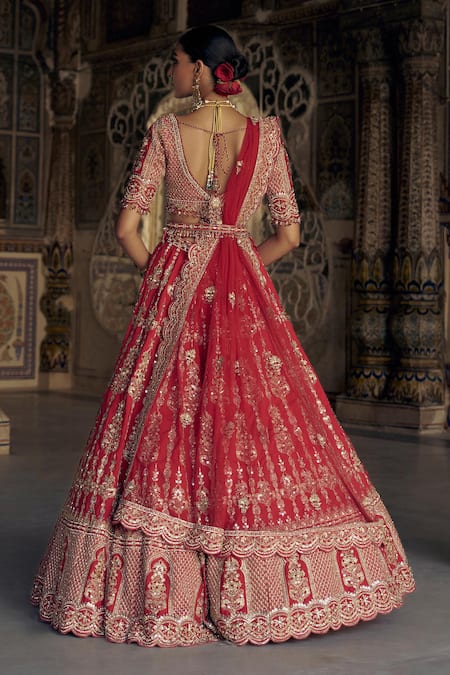 Shop Nitika Gujral Red Net, Silk Sequins, Beads Floral Jaal Dabka Embroidered Bridal Lehenga Set at Aza Fashions Shop_Nitika Gujral_Red Net, Silk Sequins, Beads Floral Jaal Dabka Embroidered Bridal Lehenga Set _at_Aza_Fashions