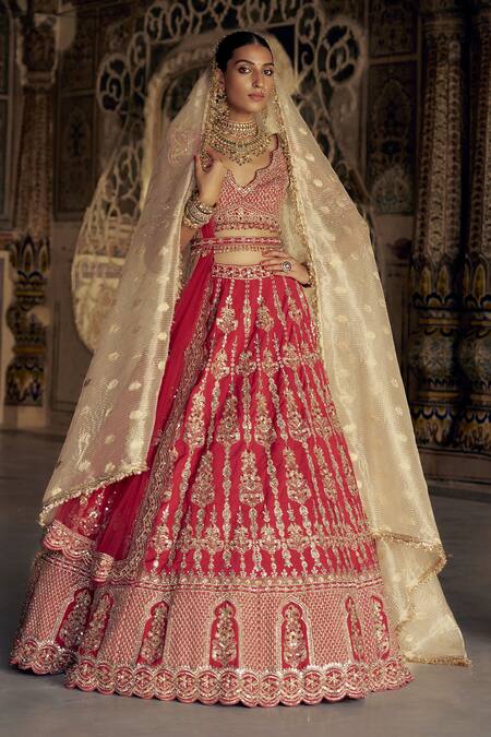 Buy Nitika Gujral Red Silk, Net Sequins, Beads, Diamonds, Floral Vine Dabka Bridal Lehenga Set Online at Aza Fashions Buy_Nitika Gujral_Red Silk, Net Sequins, Beads, Diamonds, Floral Vine Dabka Bridal Lehenga Set _Online_at_Aza_Fashions