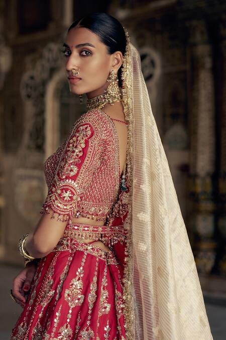 Shop Nitika Gujral Red Silk, Net Sequins, Beads, Diamonds, Floral Vine Dabka Bridal Lehenga Set Online at Aza Fashions Shop_Nitika Gujral_Red Silk, Net Sequins, Beads, Diamonds, Floral Vine Dabka Bridal Lehenga Set _Online_at_Aza_Fashions