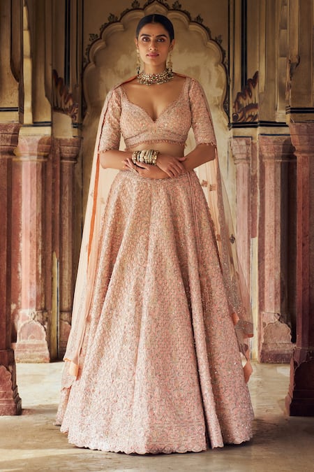 Nitika Gujral Peach Taffeta Silk Embroidered Kasab Jaali Dabka Combination Bridal Lehenga Set 