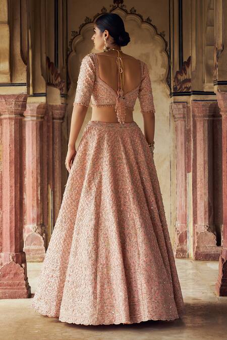 Shop Nitika Gujral Peach Taffeta, Net Jaali Dabka Combination Embroidered Bridal Lehenga Set at Aza Fashions Shop_Nitika Gujral_Peach Taffeta, Net Jaali Dabka Combination Embroidered Bridal Lehenga Set _at_Aza_Fashions