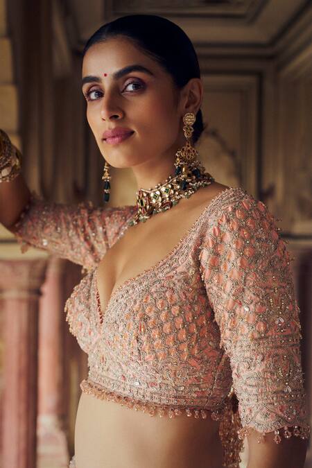 Buy Nitika Gujral Peach Taffeta, Net Jaali Dabka Combination Embroidered Bridal Lehenga Set Online at Aza Fashions Buy_Nitika Gujral_Peach Taffeta, Net Jaali Dabka Combination Embroidered Bridal Lehenga Set _Online_at_Aza_Fashions